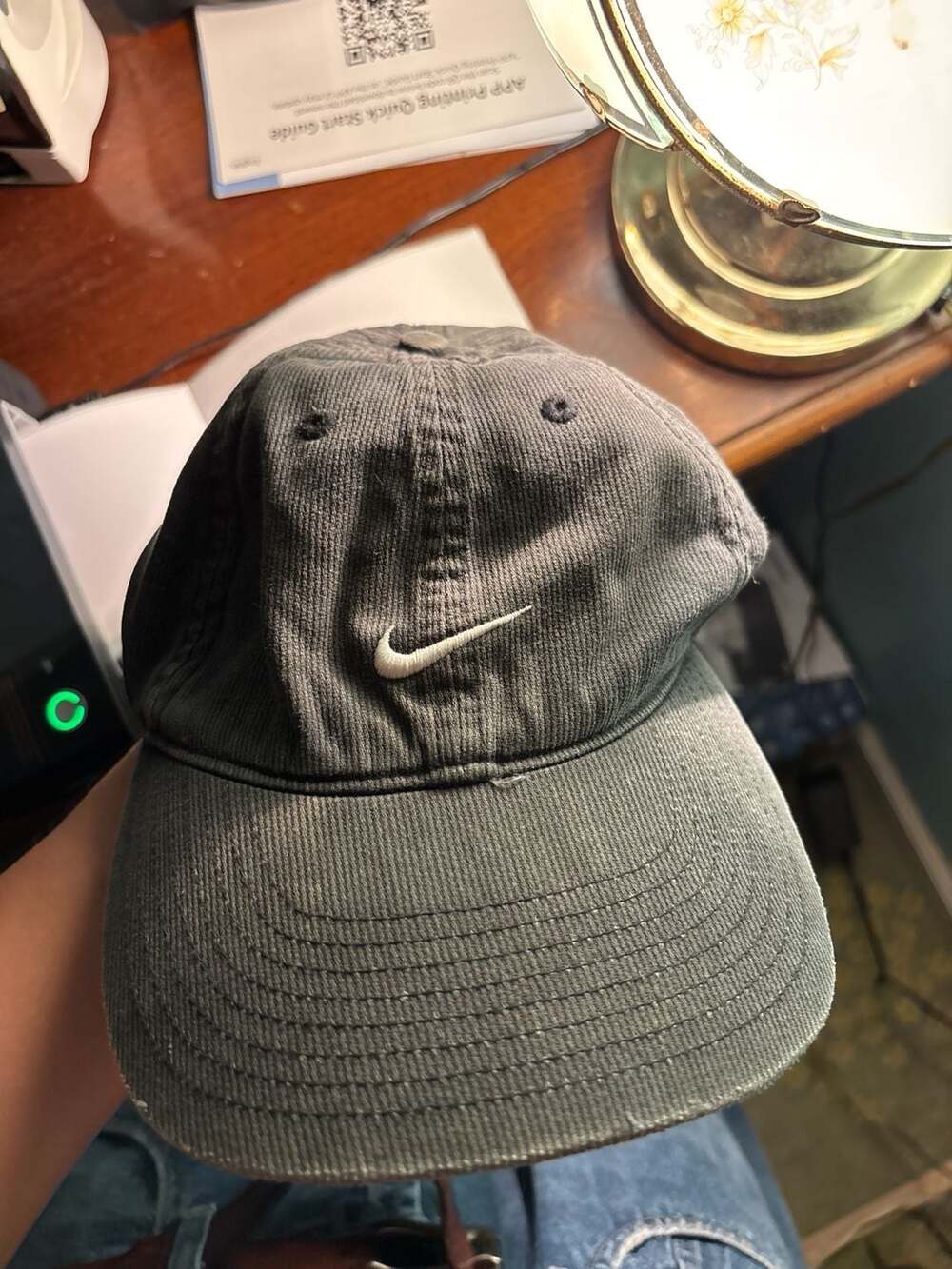 Vintage Nike Corduroy Hat Faded Black/Grey Strapback Mini Swoosh